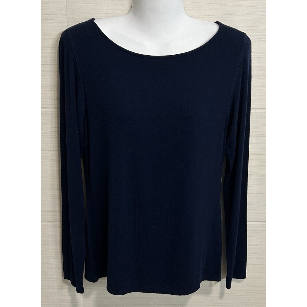 Magaschoni Ribbed Navy Blue LS Pullover M, Soft Micromodal Casual Comfort